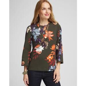 Chicos Womens L Green Floral Autumn Embroidered Sequin Scoop Neck Boho Tee NWT